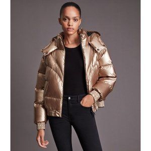 All Saints Mika Gold Metallic Long Sleeve Full Zip Puffer Coat Size 8